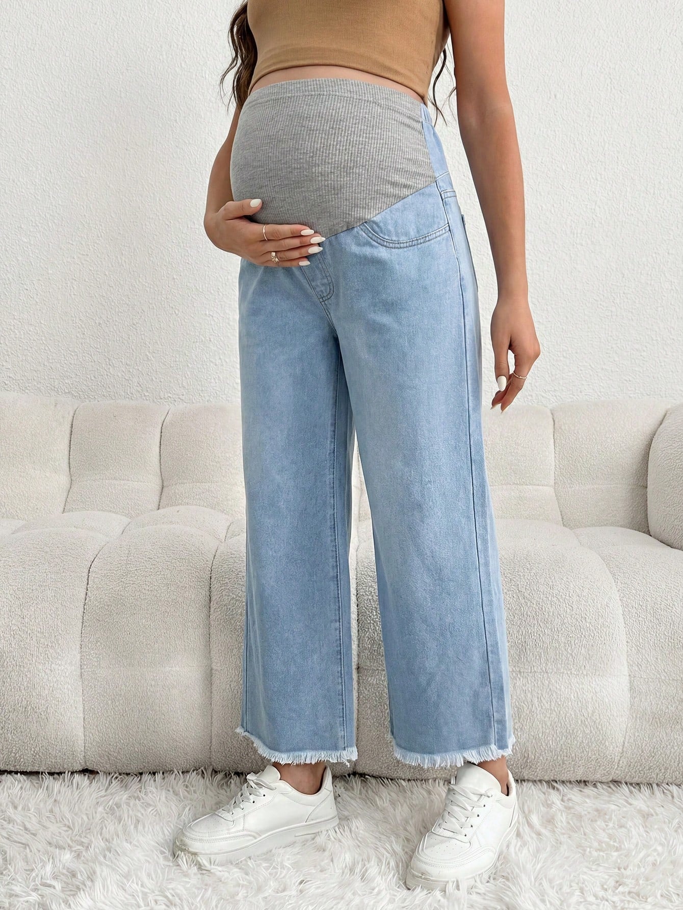 Maternity Casual Loose Blue 3/4 Jeans With Gray Waistband Patchwork