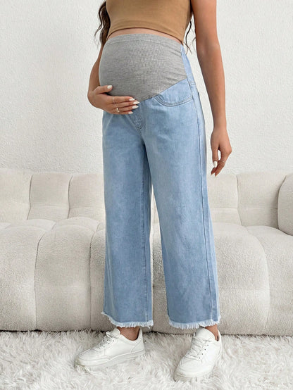 Maternity Casual Loose Blue 3/4 Jeans With Gray Waistband Patchwork
