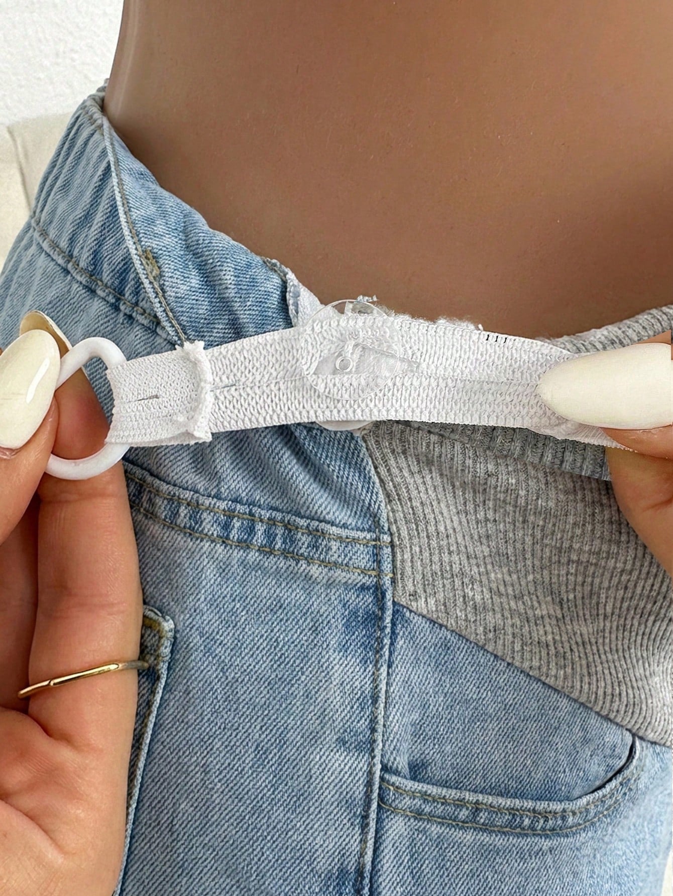 Maternity Casual Loose Blue 3/4 Jeans With Gray Waistband Patchwork