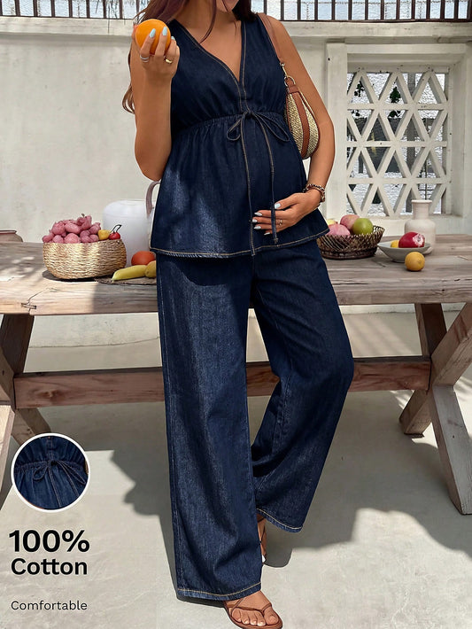 Maternity Denim Two Pieces Outfits,100% Cotton Navy Blue Summer Jumpsuit,V Neck Sleeveless Wide Leg Overalls,Smart Casual Holiday Streetwear Costume