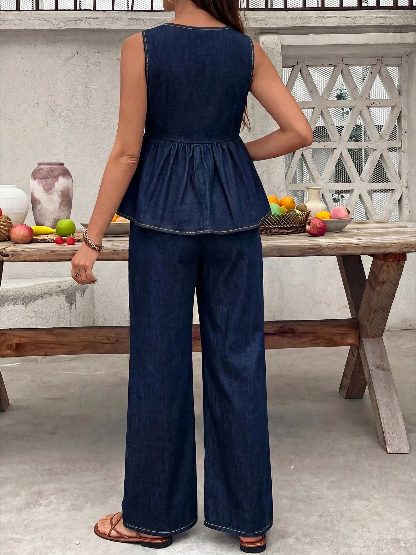 Maternity Denim Two Pieces Outfits,100% Cotton Navy Blue Summer Jumpsuit,V Neck Sleeveless Wide Leg Overalls,Smart Casual Holiday Streetwear Costume