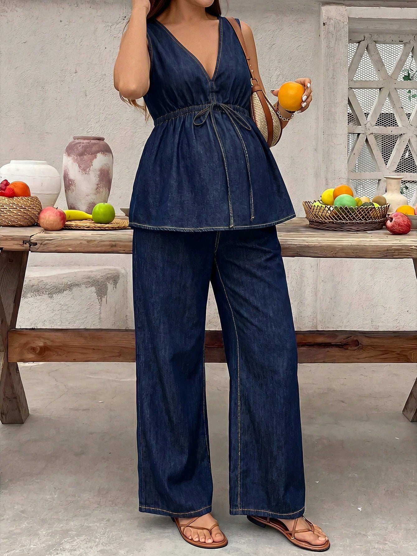 Maternity Denim Two Pieces Outfits,100% Cotton Navy Blue Summer Jumpsuit,V Neck Sleeveless Wide Leg Overalls,Smart Casual Holiday Streetwear Costume