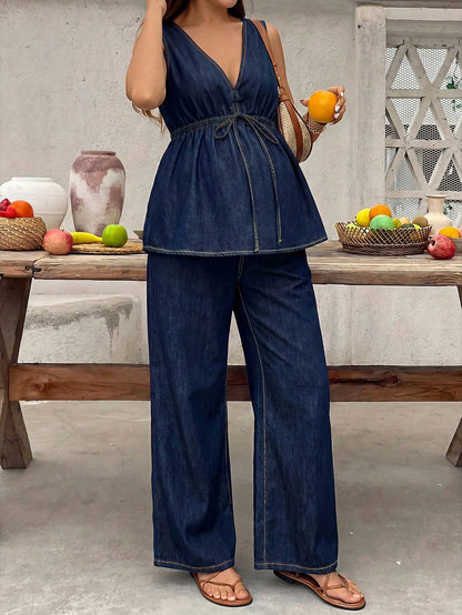 Maternity Denim Two Pieces Outfits,100% Cotton Navy Blue Summer Jumpsuit,V Neck Sleeveless Wide Leg Overalls,Smart Casual Holiday Streetwear Costume