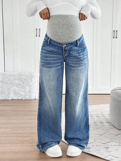 Maternity Knitted Waist Support Retro Blue Denim Loose Straight Leg Pants Maternity Jeans