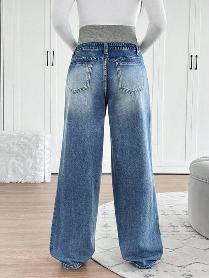 Maternity Knitted Waist Support Retro Blue Denim Loose Straight Leg Pants Maternity Jeans