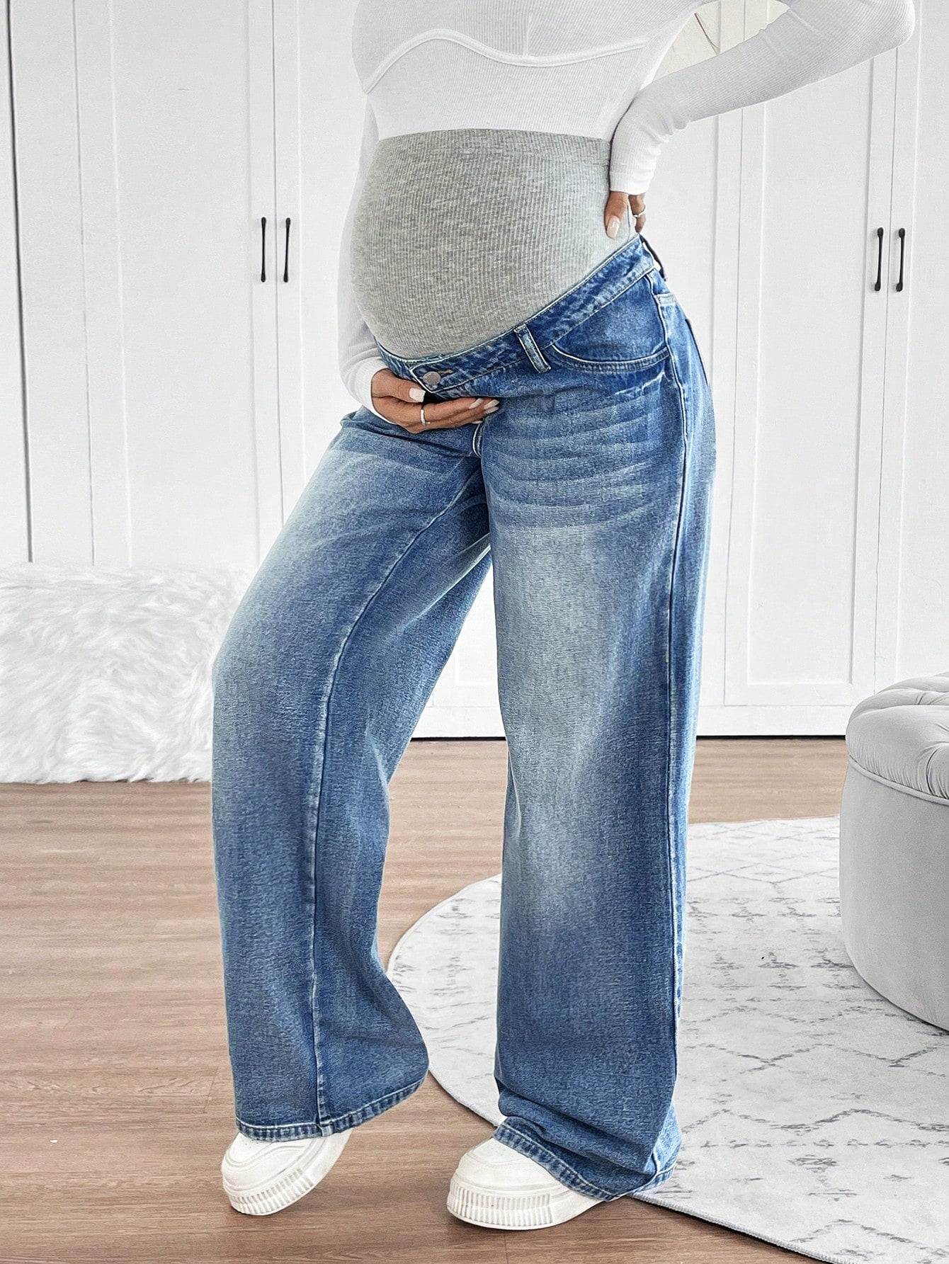 Maternity Knitted Waist Support Retro Blue Denim Loose Straight Leg Pants Maternity Jeans