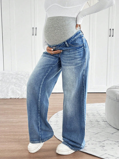 Maternity Knitted Waist Support Retro Blue Denim Loose Straight Leg Pants Maternity Jeans