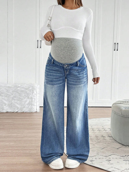 Maternity Knitted Waist Support Retro Blue Denim Loose Straight Leg Pants Maternity Jeans