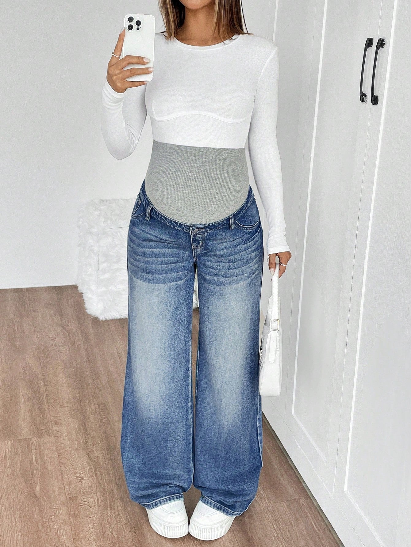 Maternity Knitted Waist Support Retro Blue Denim Loose Straight Leg Pants Maternity Jeans