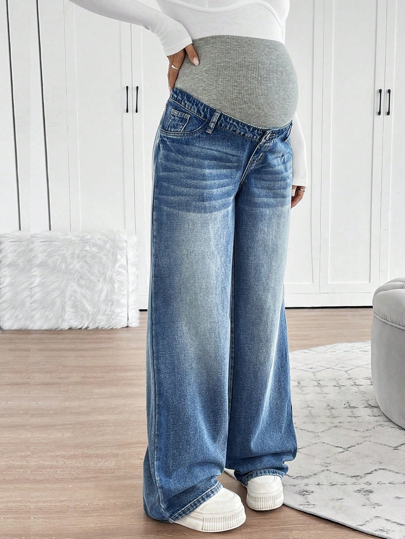 Maternity Knitted Waist Support Retro Blue Denim Loose Straight Leg Pants Maternity Jeans