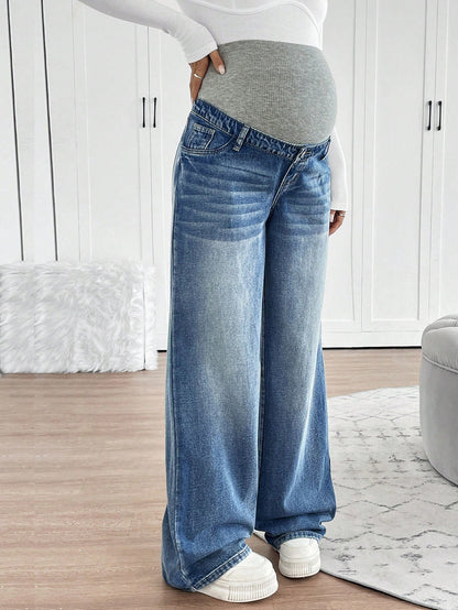 Maternity Knitted Waist Support Retro Blue Denim Loose Straight Leg Pants Maternity Jeans