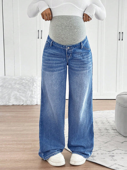 Maternity Knitted Waist Support Retro Blue Denim Loose Straight Leg Pants Maternity Jeans
