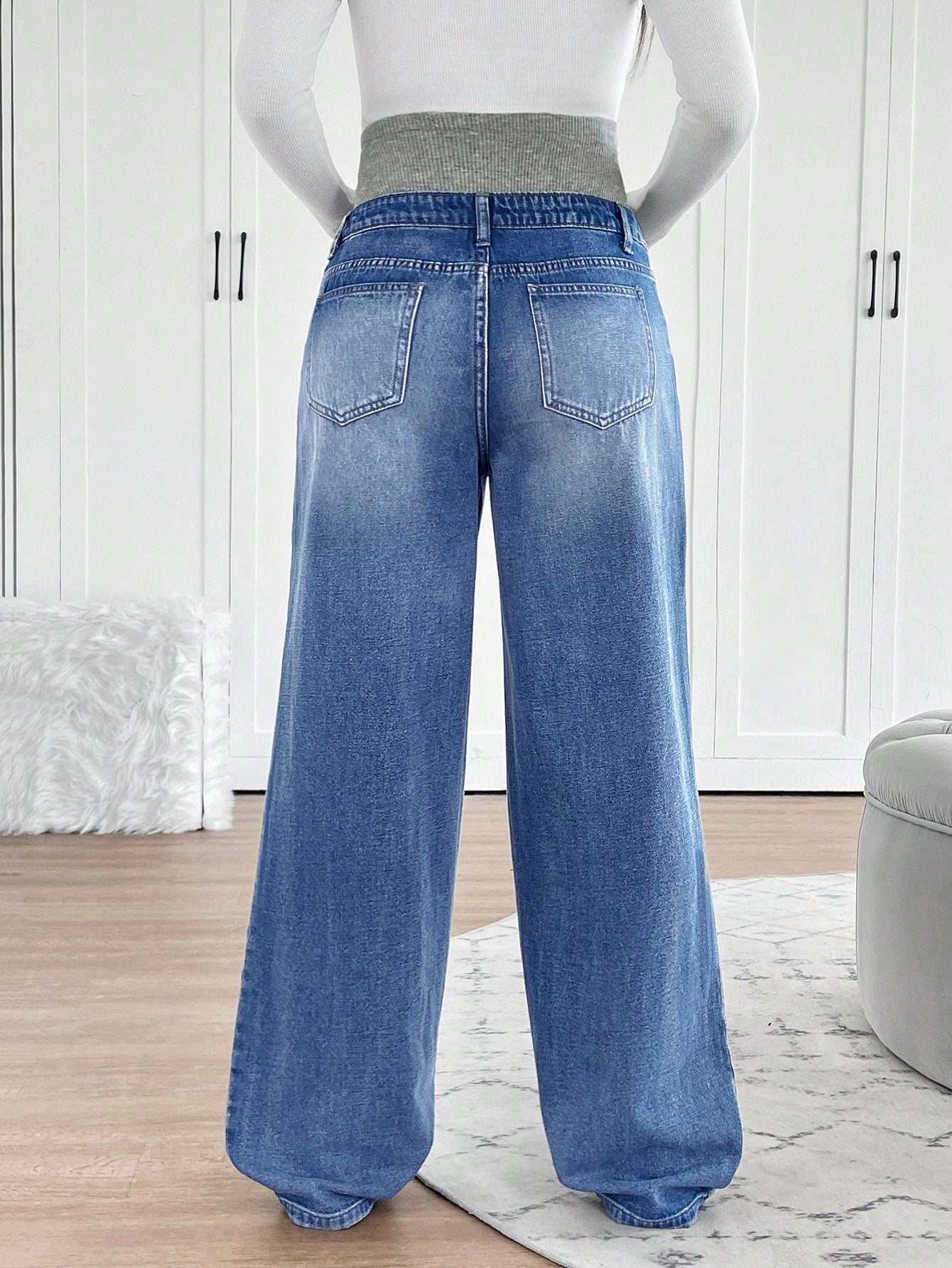 Maternity Knitted Waist Support Retro Blue Denim Loose Straight Leg Pants Maternity Jeans