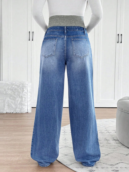 Maternity Knitted Waist Support Retro Blue Denim Loose Straight Leg Pants Maternity Jeans