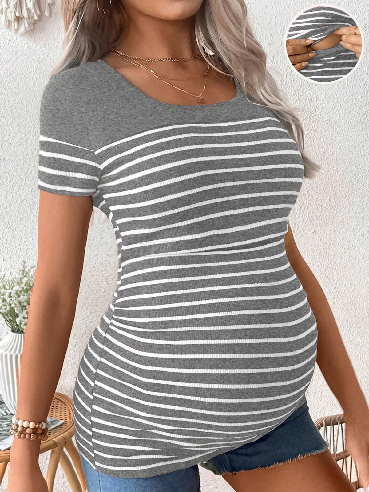 Maternity Striped Round Neck Short Sleeve Nursing Top