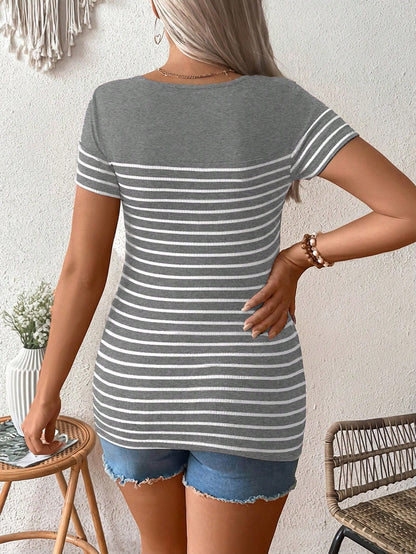 Maternity Striped Round Neck Short Sleeve Nursing Top