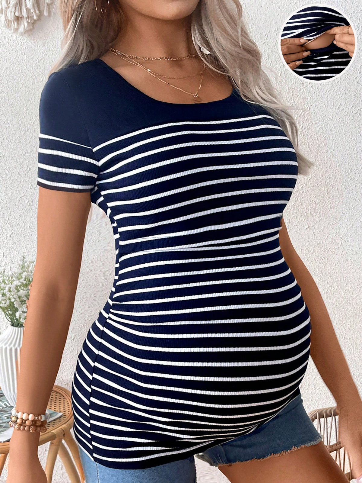 Maternity Striped Round Neck Short Sleeve Nursing Top