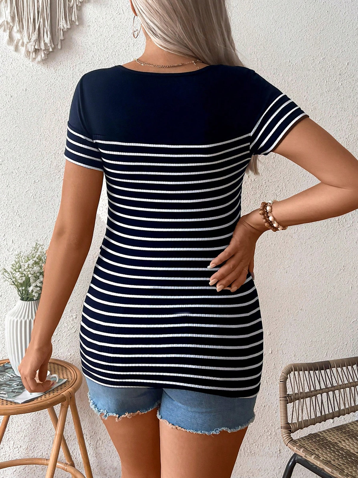 Maternity Striped Round Neck Short Sleeve Nursing Top