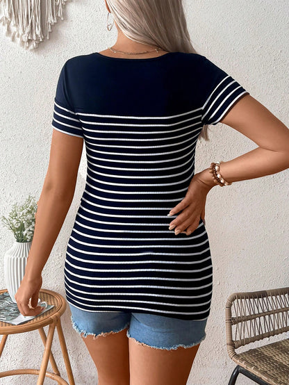 Maternity Striped Round Neck Short Sleeve Nursing Top