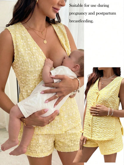 MaterniWear 2pcs Maternity Wear Butter Yellow Elegant Textured Embroidered Sleeveless Top And Adjustable Waist Casual Shorts Set Summer Minimalist Postpartum