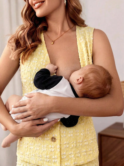 MaterniWear 2pcs Maternity Wear Butter Yellow Elegant Textured Embroidered Sleeveless Top And Adjustable Waist Casual Shorts Set Summer Minimalist Postpartum