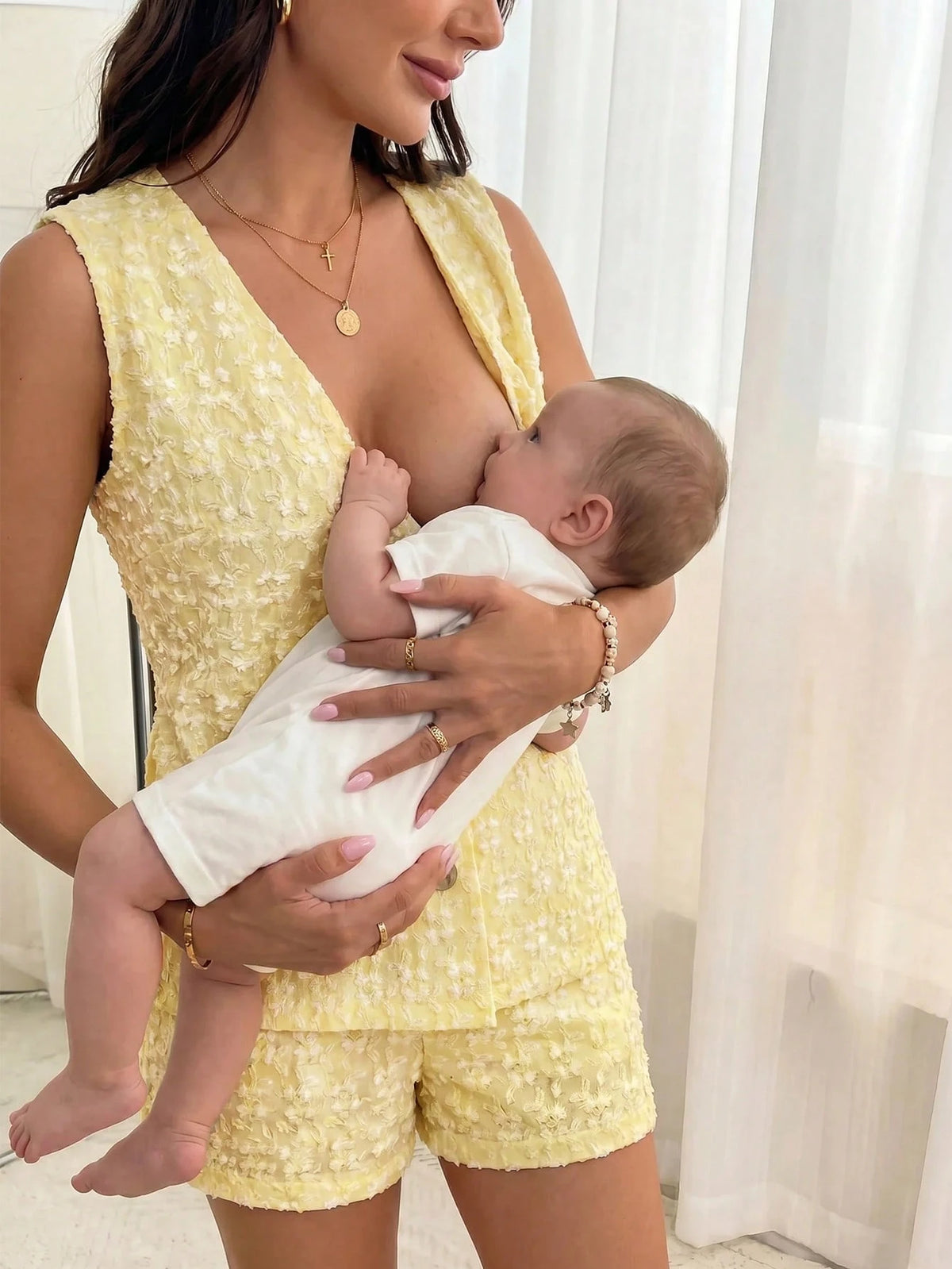 MaterniWear 2pcs Maternity Wear Butter Yellow Elegant Textured Embroidered Sleeveless Top And Adjustable Waist Casual Shorts Set Summer Minimalist Postpartum