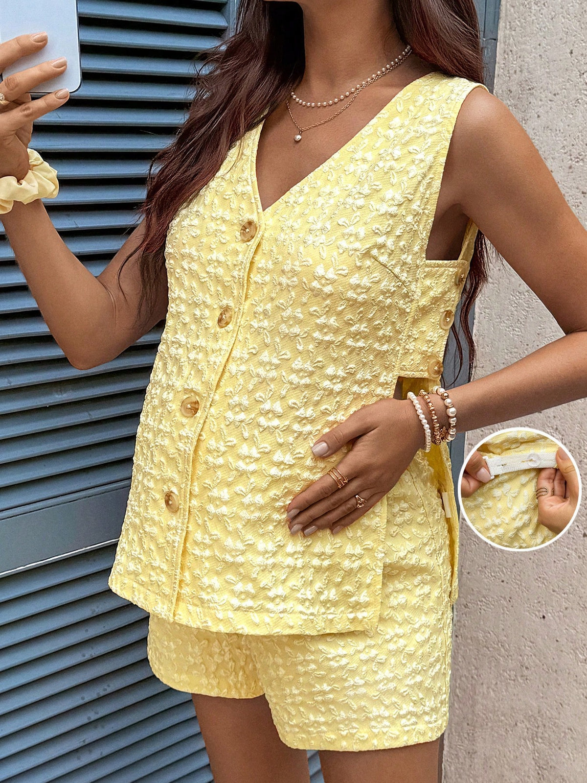 MaterniWear 2pcs Maternity Wear Butter Yellow Elegant Textured Embroidered Sleeveless Top And Adjustable Waist Casual Shorts Set Summer Minimalist Postpartum