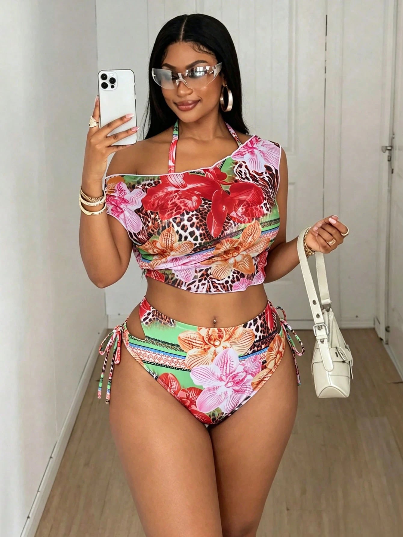 Maweii Plus Size Women's 3pcs Halter Printed Bikini Set With Mesh Cover Up Vest, Vacation Swimwear