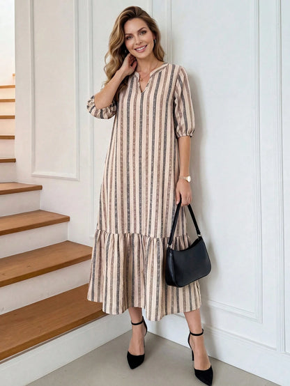 Medorina Women's V-Neck Brush Print Teachers' Day Dress, Beige Khaki Casual Elegant Autumn Brunch Modest, Spring Summer Teacher Outfits, Gift For Mom Office