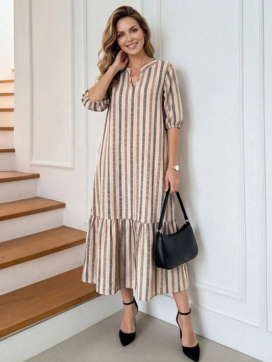 Medorina Women's V-Neck Brush Print Teachers' Day Dress, Beige Khaki Casual Elegant Autumn Brunch Modest, Spring Summer Teacher Outfits, Gift For Mom Office