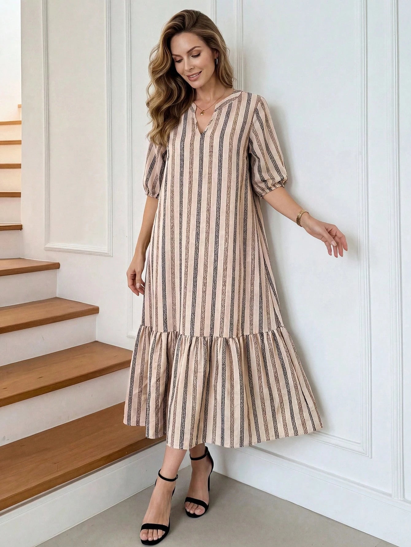 Medorina Women's V-Neck Brush Print Teachers' Day Dress, Beige Khaki Casual Elegant Autumn Brunch Modest, Spring Summer Teacher Outfits, Gift For Mom Office