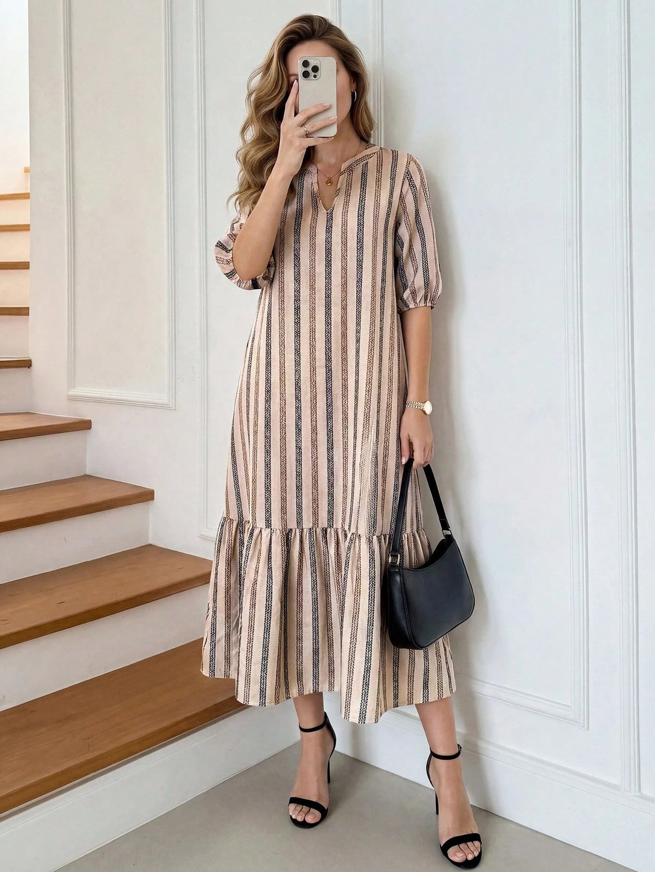 Medorina Women's V-Neck Brush Print Teachers' Day Dress, Beige Khaki Casual Elegant Autumn Brunch Modest, Spring Summer Teacher Outfits, Gift For Mom Office