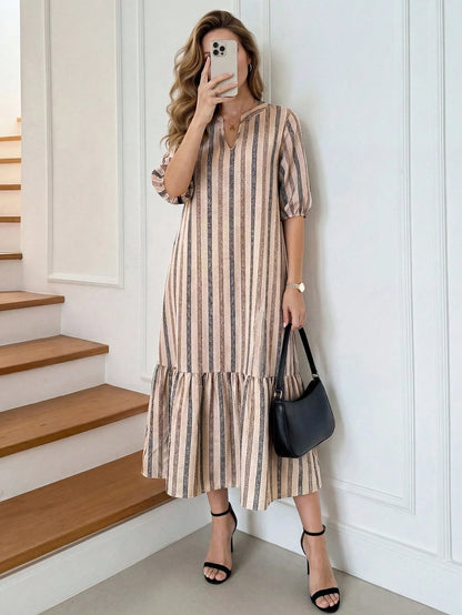 Medorina Women's V-Neck Brush Print Teachers' Day Dress, Beige Khaki Casual Elegant Autumn Brunch Modest, Spring Summer Teacher Outfits, Gift For Mom Office