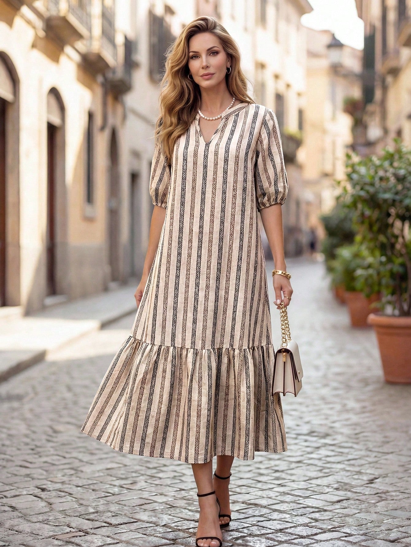 Medorina Women's V-Neck Brush Print Teachers' Day Dress, Beige Khaki Casual Elegant Autumn Brunch Modest, Spring Summer Teacher Outfits, Gift For Mom Office