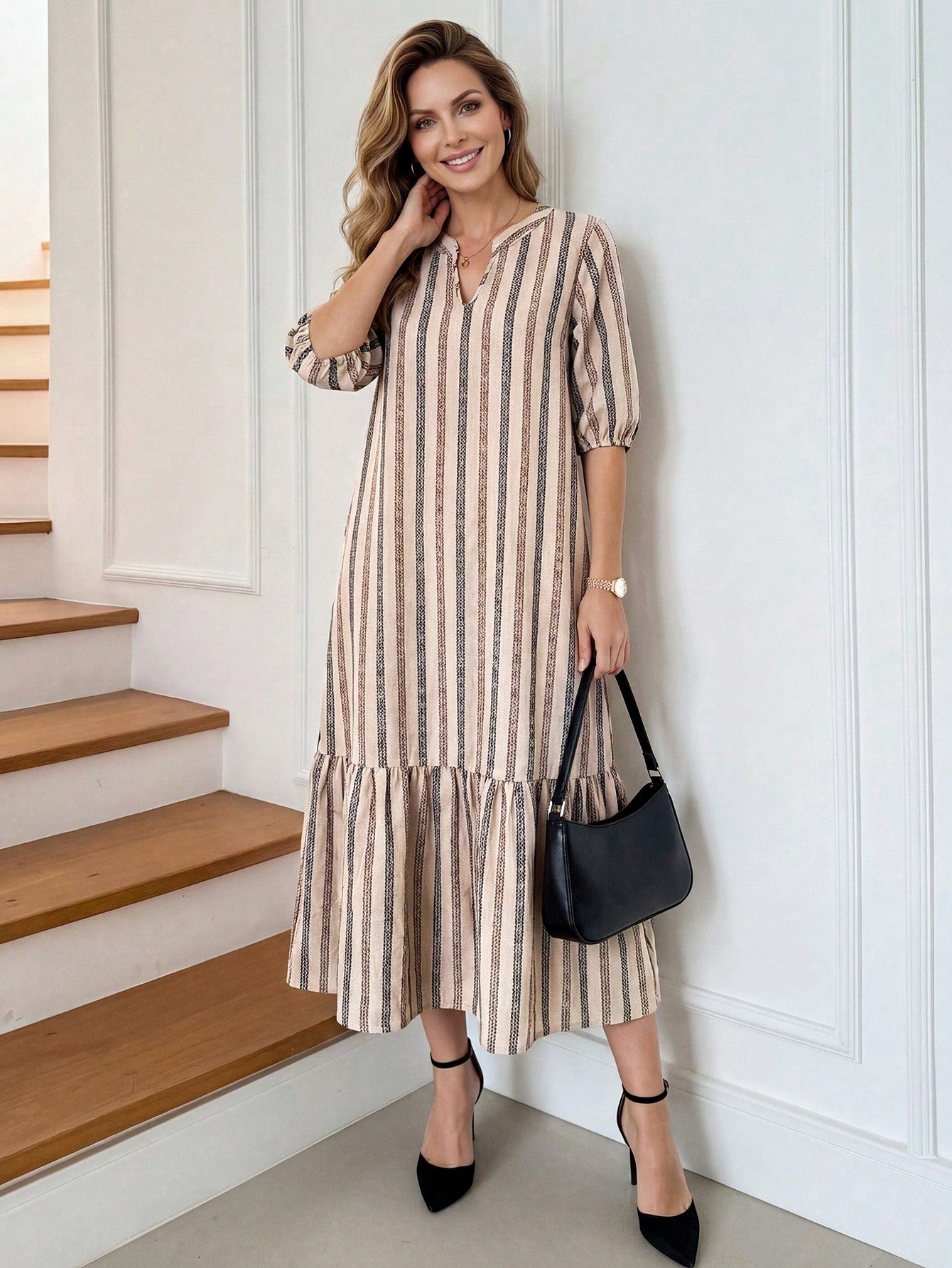 Medorina Women's V-Neck Brush Print Teachers' Day Dress, Beige Khaki Casual Elegant Autumn Brunch Modest, Spring Summer Teacher Outfits, Gift For Mom Office