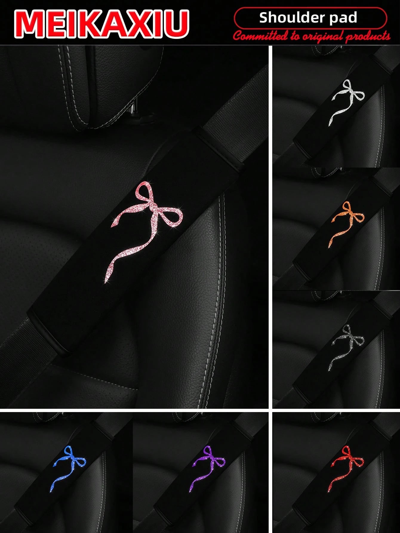 MEIKAXIU 1 Pair Beautiful Big Bowknot Blingbling Fabric Soft Diving Material Car Seat Belt Shoulder Cover Decor For Women