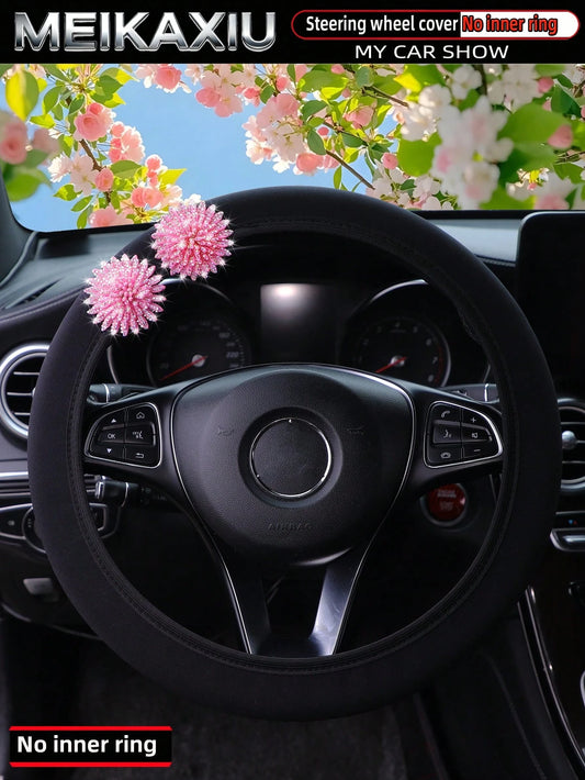 MEIKAXIU 1pc Pink Flower Bling Bling Rhinestone Studded Neoprene Elastic Fabric Car Steering Wheel Cover Without Inner Ring, Fits 14.5-15 Inch, Women's Car Accessory
