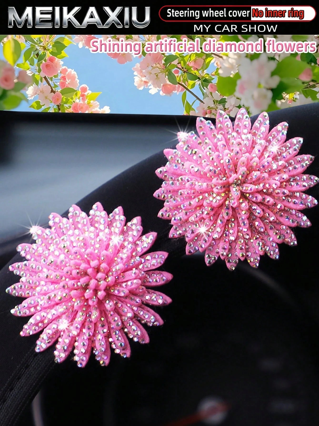 MEIKAXIU 1pc Pink Flower Bling Bling Rhinestone Studded Neoprene Elastic Fabric Car Steering Wheel Cover Without Inner Ring, Fits 14.5-15 Inch, Women's Car Accessory