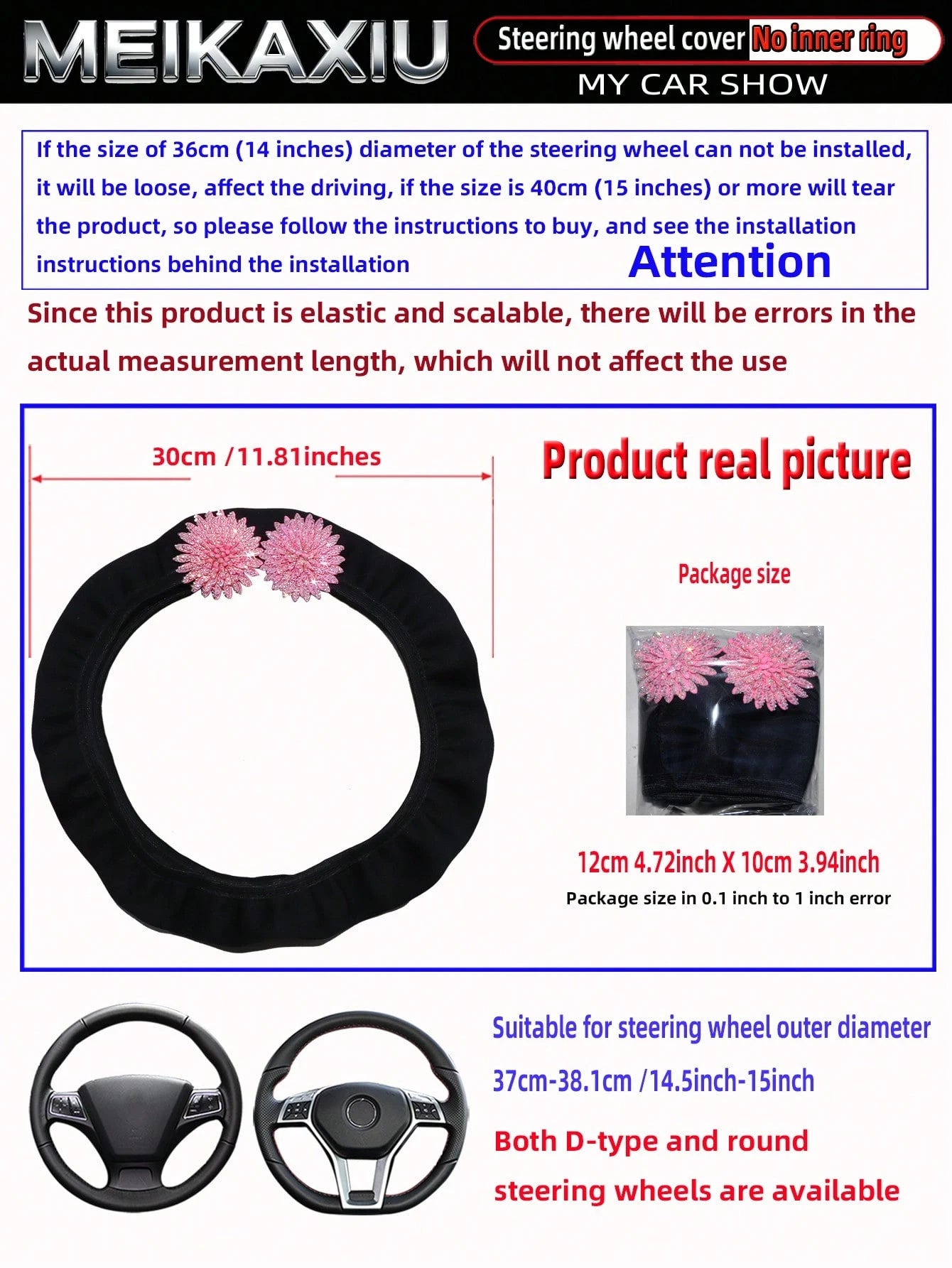 MEIKAXIU 1pc Pink Flower Bling Bling Rhinestone Studded Neoprene Elastic Fabric Car Steering Wheel Cover Without Inner Ring, Fits 14.5-15 Inch, Women's Car Accessory