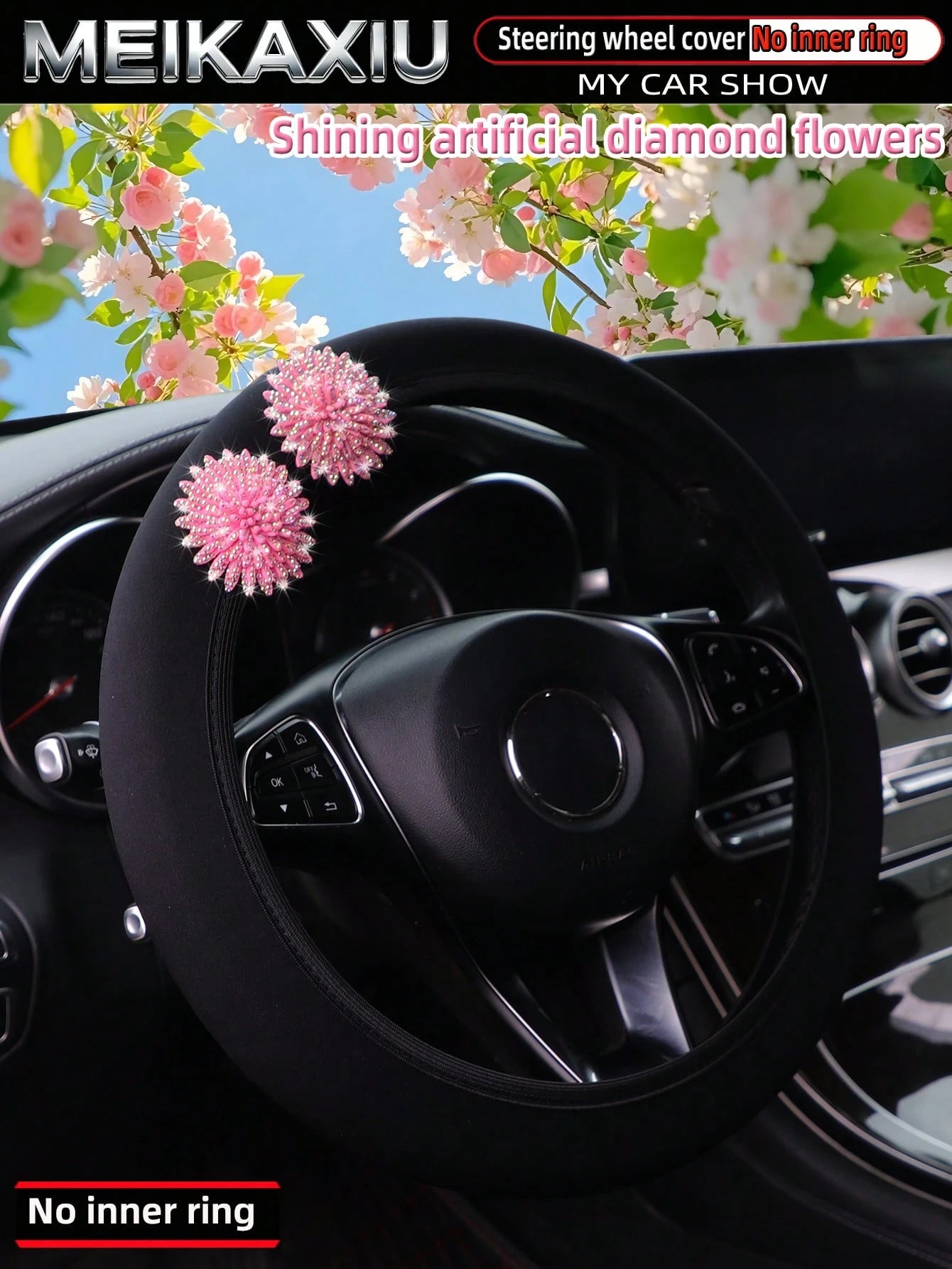 MEIKAXIU 1pc Pink Flower Bling Bling Rhinestone Studded Neoprene Elastic Fabric Car Steering Wheel Cover Without Inner Ring, Fits 14.5-15 Inch, Women's Car Accessory