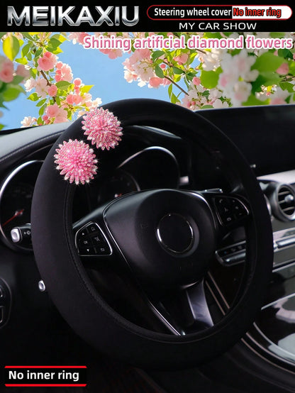MEIKAXIU 1pc Pink Flower Bling Bling Rhinestone Studded Neoprene Elastic Fabric Car Steering Wheel Cover Without Inner Ring, Fits 14.5-15 Inch, Women's Car Accessory