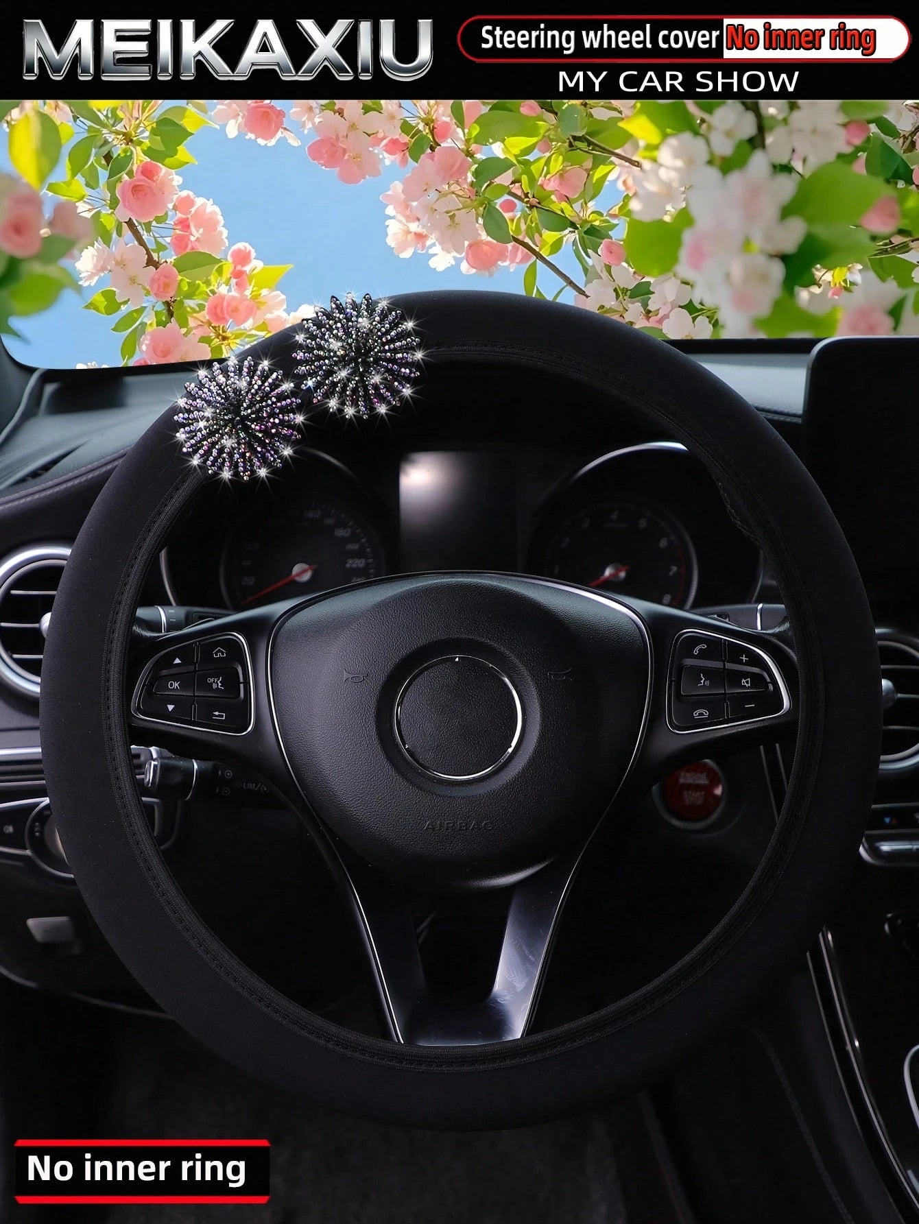 MEIKAXIU 1pc Pink Flower Bling Bling Rhinestone Studded Neoprene Elastic Fabric Car Steering Wheel Cover Without Inner Ring, Fits 14.5-15 Inch, Women's Car Accessory