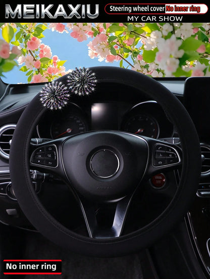MEIKAXIU 1pc Pink Flower Bling Bling Rhinestone Studded Neoprene Elastic Fabric Car Steering Wheel Cover Without Inner Ring, Fits 14.5-15 Inch, Women's Car Accessory