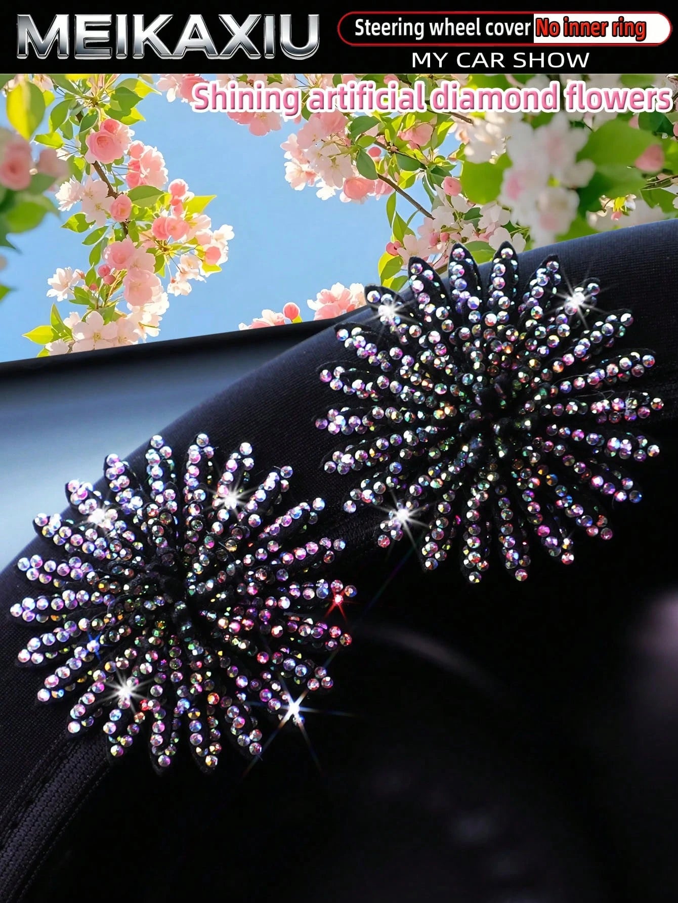 MEIKAXIU 1pc Pink Flower Bling Bling Rhinestone Studded Neoprene Elastic Fabric Car Steering Wheel Cover Without Inner Ring, Fits 14.5-15 Inch, Women's Car Accessory