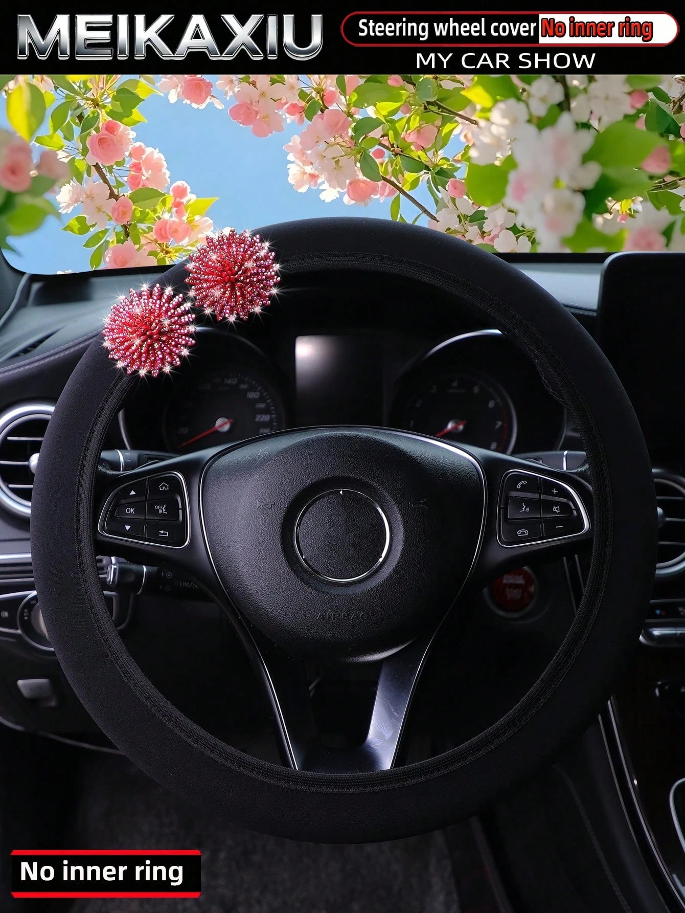 MEIKAXIU 1pc Pink Flower Bling Bling Rhinestone Studded Neoprene Elastic Fabric Car Steering Wheel Cover Without Inner Ring, Fits 14.5-15 Inch, Women's Car Accessory