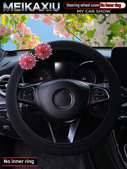 MEIKAXIU 1pc Pink Flower Bling Bling Rhinestone Studded Neoprene Elastic Fabric Car Steering Wheel Cover Without Inner Ring, Fits 14.5-15 Inch, Women's Car Accessory