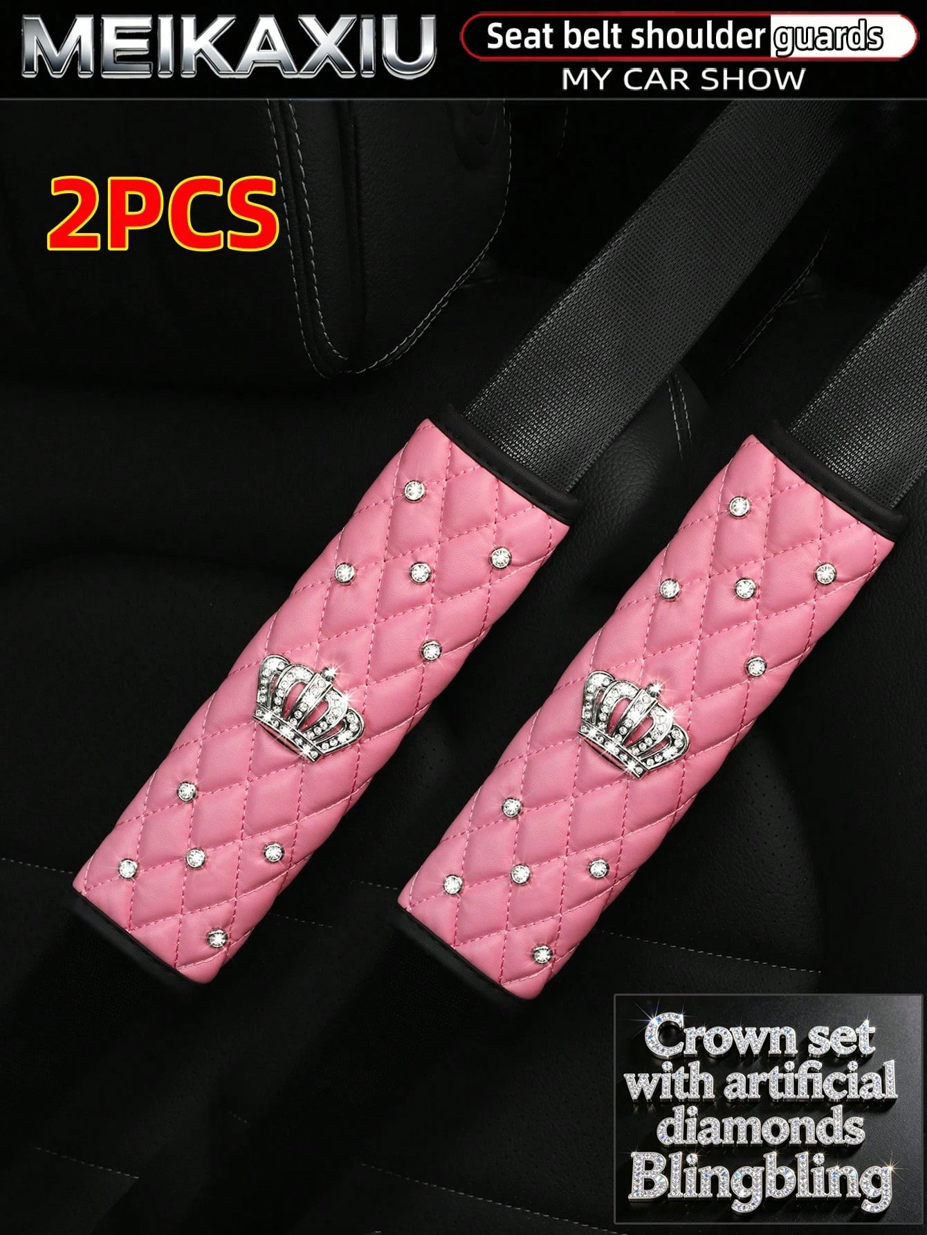 MEIKAXIU 2pcs PU Soft Leather Rhinestone Crown Bling Bling Car Seat Belt Shoulder Cover Decorative Accessories For Women