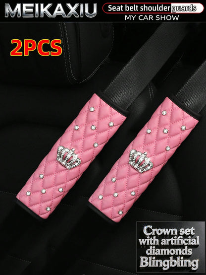MEIKAXIU 2pcs PU Soft Leather Rhinestone Crown Bling Bling Car Seat Belt Shoulder Cover Decorative Accessories For Women