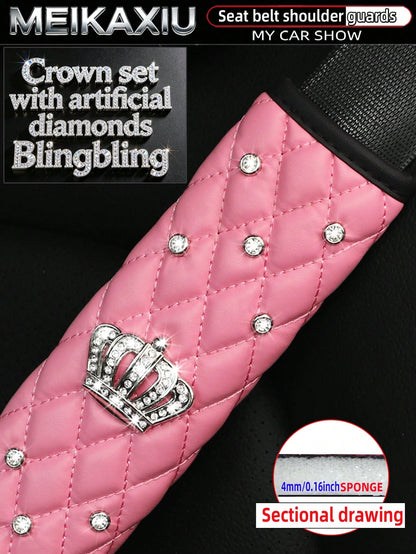 MEIKAXIU 2pcs PU Soft Leather Rhinestone Crown Bling Bling Car Seat Belt Shoulder Cover Decorative Accessories For Women