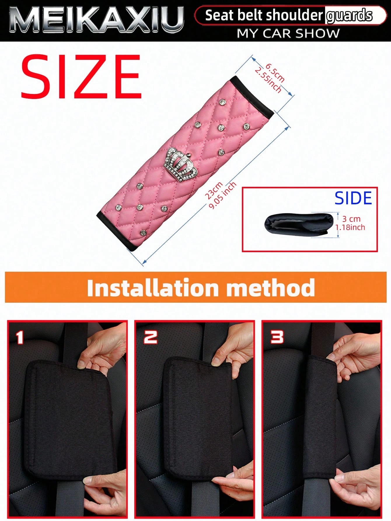 MEIKAXIU 2pcs PU Soft Leather Rhinestone Crown Bling Bling Car Seat Belt Shoulder Cover Decorative Accessories For Women